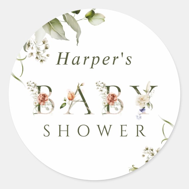 Olive Green Floral Botanical Letter Baby Dusche Runder Aufkleber (Vorderseite)