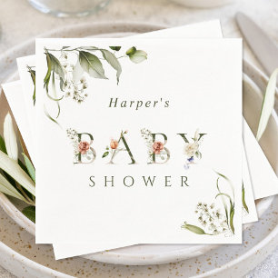 Olive Green Floral Botanical Letter Baby Dusche Serviette