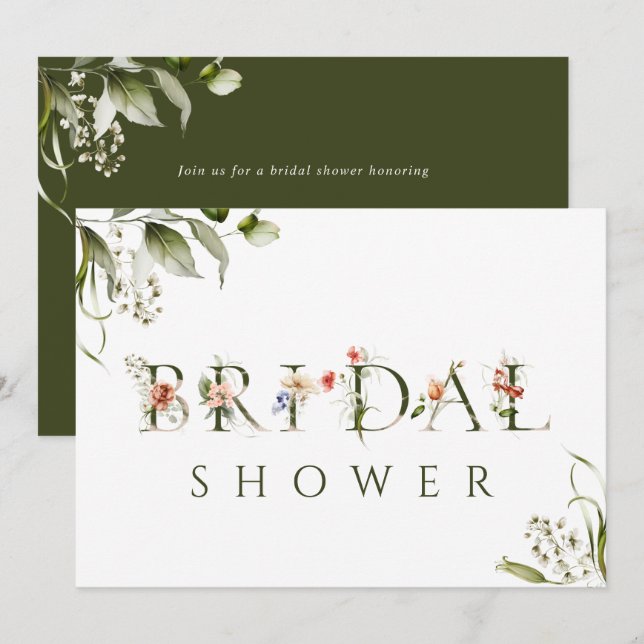 Olive Green Floral BotanLetter Brautparty Einladung (Vorne/Hinten)