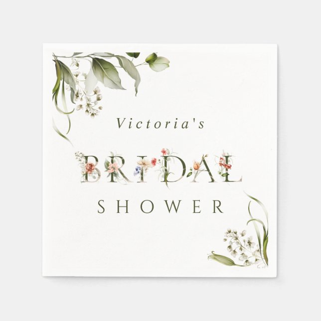 Olive Green Floral BotanLetter Brautparty Serviette (Vorderseite)