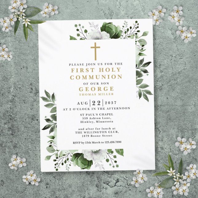 Olive Green Floral First Heilige Kommune Einladung Postkarte (Olive Green Floral First Holy Communion Invitation Postcard)