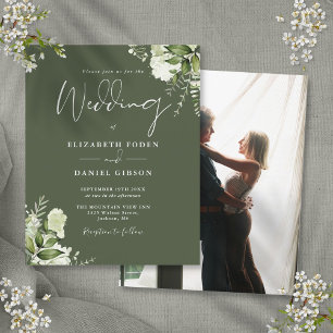 Olive Green Floral Foto Einladung Hochzeit