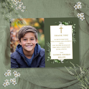 Olive Green Floral Foto Erste Heilige Kommune Dankeskarte