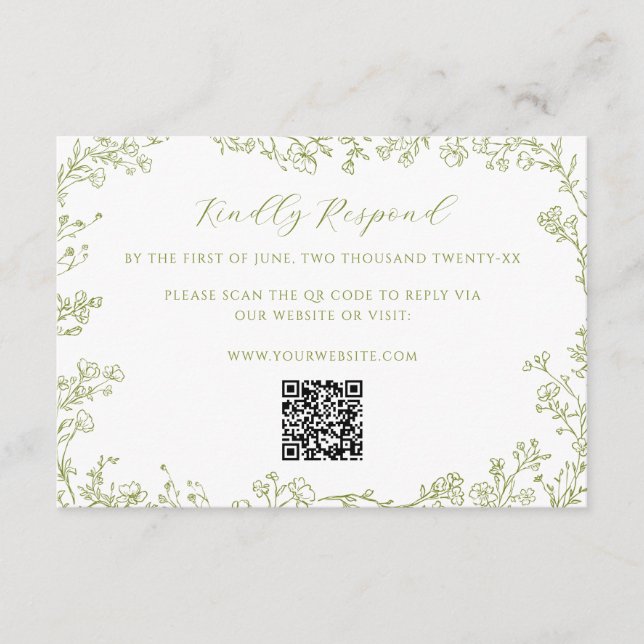 Olive Green Floral Line Art Wedding QR Code Begleitkarte (Vorderseite)