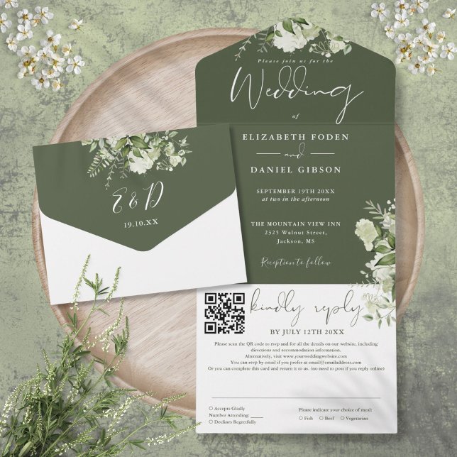 Olive Green Floral Monogram QR Code Wedding All In One Einladung (Olive Green Floral Monogram QR Code Wedding All In One Invitation)