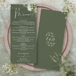 Olive Green Floral Monogram Wedning Dinner Menükarte<br><div class="desc">Dieses elegante Olivgrün blühende botanische Blätter Hochzeitsmenü kann mit Ihren Informationen in chic Typografie mit Ihren Monogramm Initialen auf der Rückseite personalisiert werden. Entwickelt von Thisisnotme©</div>