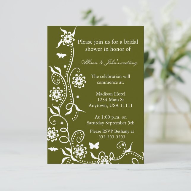 Olive Green Floral Swirl Bridal Dusche Einladung (Stehend Vorderseite)