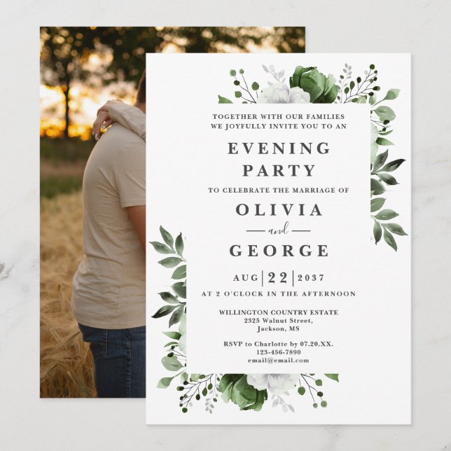 Olive Green Floral Wedding Abend Party Foto Einladung (Vorne/Hinten)