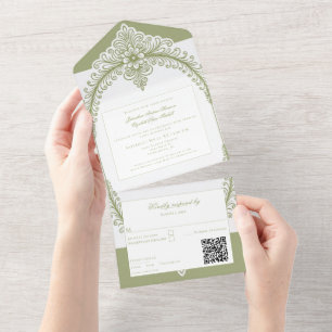 Olive Green French Blüh Frame Wedding All In One Einladung