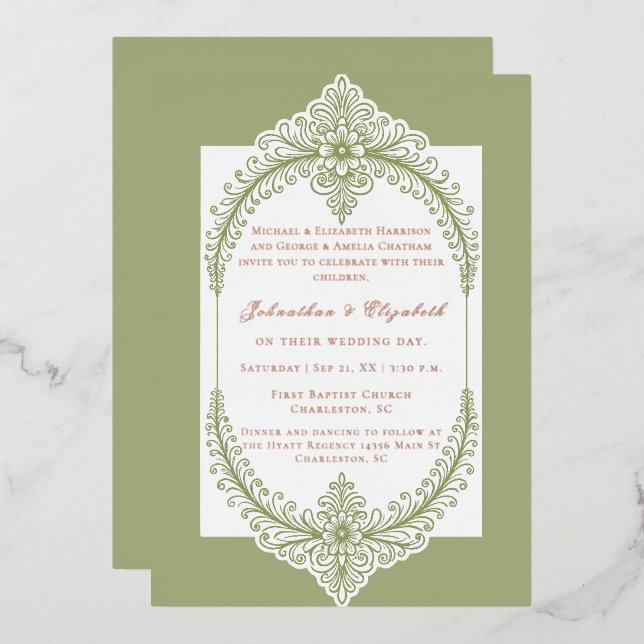 Olive Green French Blüh Frame Wedding Folieneinladung (Vorderseite/Rückseite)