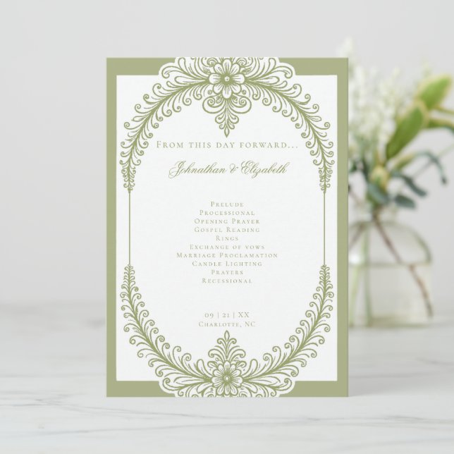 Olive Green French Blüh Frame Wedding Programm (Stehend Vorderseite)