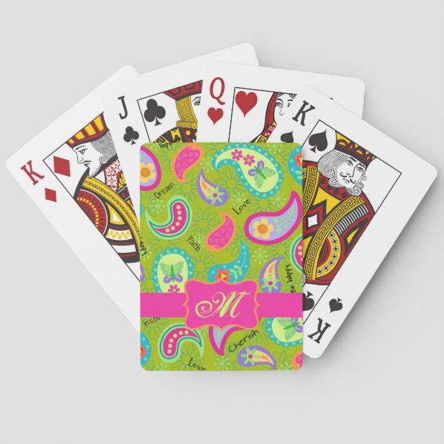 Olive Green Fuchsia Pink Modern Paisley Monogram Spielkarten (Rückseite)