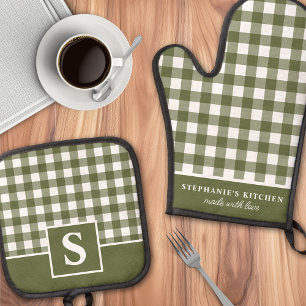 Olive Green Gingham Kariert Checked Mit Monogramm Ofenhandschuh & Topflappen-Set