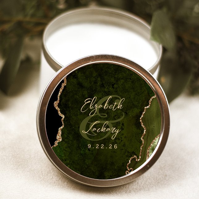 Olive Green Gold Agate Script Wedding Runder Aufkleber (Von Creator hochgeladen)