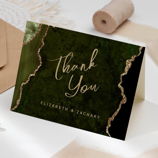 Olive Green Gold Agate Script Wedding Vielen Dank Karte (Von Creator hochgeladen)