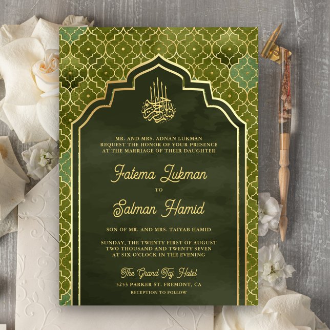 Olive Green Gold marokkanische muslimische Hochzei Einladung (Von Creator hochgeladen)