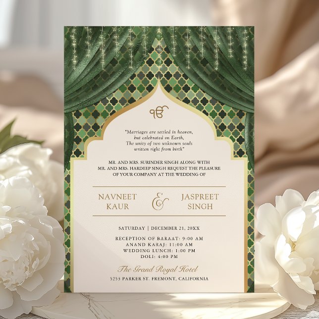 Olive Green Gold Quatrefoil QR Code Sikh Wedding Einladung (Von Creator hochgeladen)