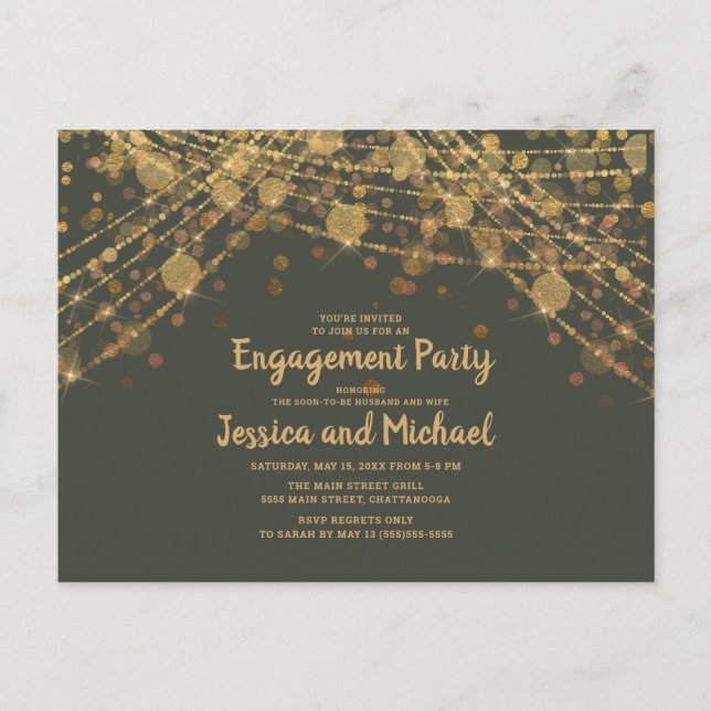 Olive Green Gold String Lights Engagement Party Postkarte (Vorderseite)