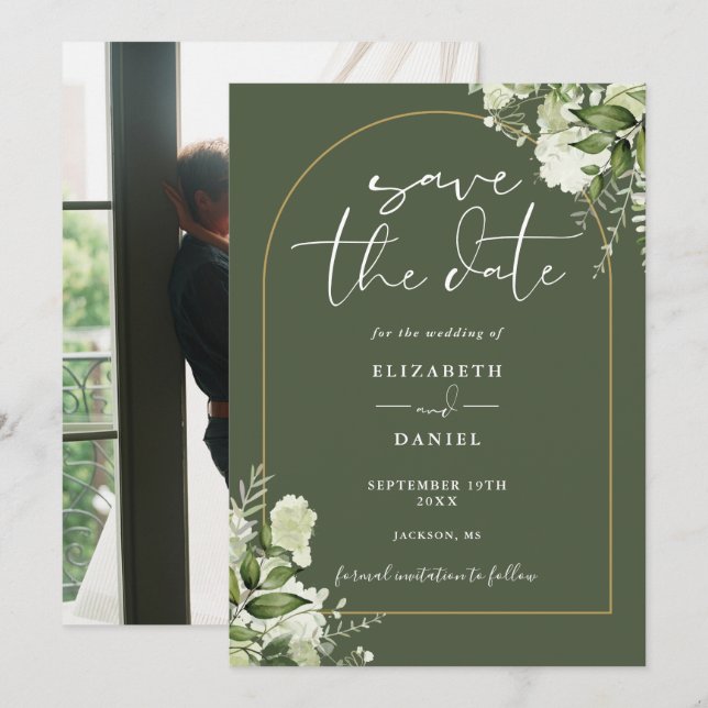 Olive Green Greenerity Gold Arch Foto Hochzeit Save The Date (Vorne/Hinten)