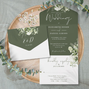 Olive Green Greenery Bloral Monogram Wedding All In One Einladung