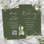 Olive Green Greenery Floral QR Code Hochzeit Einladung<br><div class="desc">Diese elegante olivgrüne botanische Vegetation Blätter Hochzeitseinladung kann mit Ihren Informationen in chic Typografie mit Ihren Website-Details der Hochzeit und Ihrem QR-Code auf der Rückseite personalisiert werden. Entwickelt von Thisisnotme©</div>