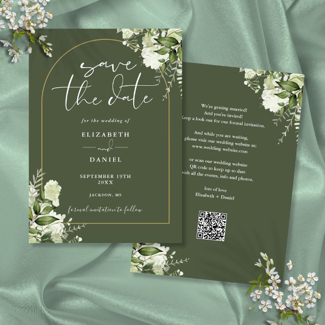 Olive Green Greenery Gold Arch QR Code Hochzeit Save The Date (Olive Green Greenery Gold Arch QR Code Wedding Save The Date)