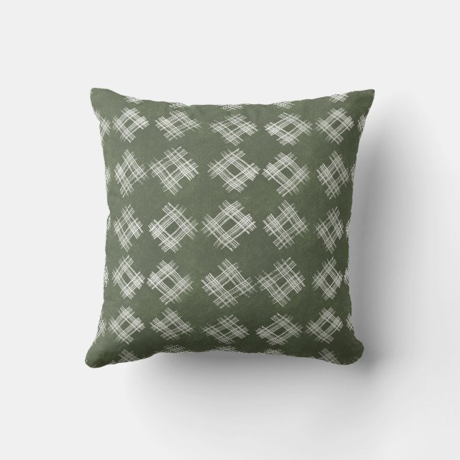 Olive Green Hand-Drawn Rustic Checkered Pattern Kissen (Rückseite)