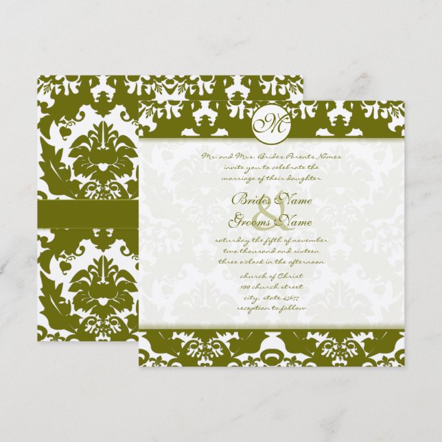 Olive Green Heart Mariage damassé Invitation (Devant / Derrière)
