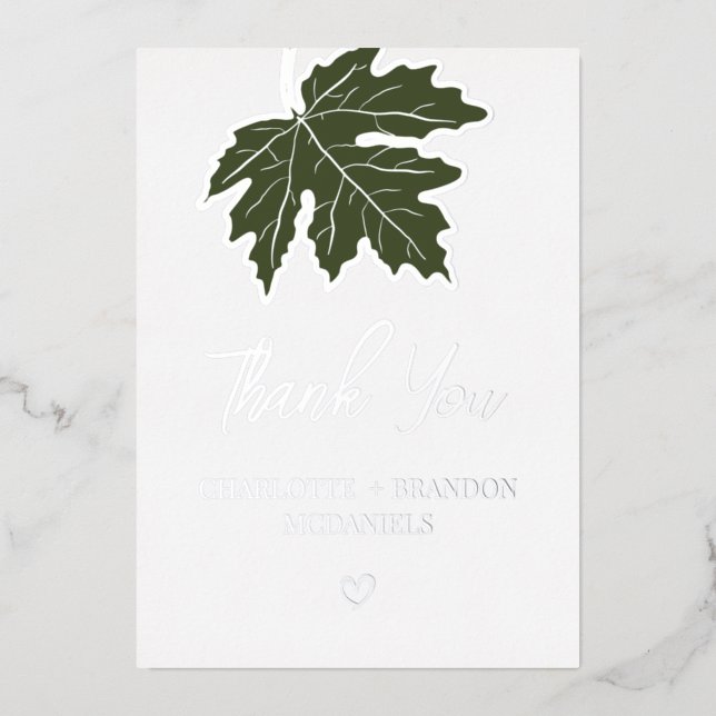Olive Green Herbst Maple Leaf Hochzeit Vielen Dank Folieneinladung (Vorderseite)