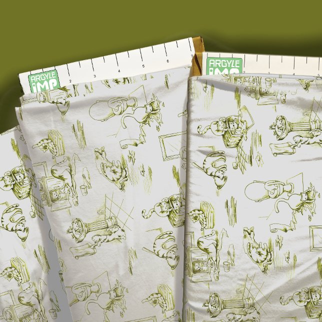 Olive Green Kitty Cat Bad Toile Stoff (close-up with ruler)