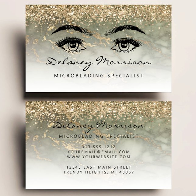 Olive Green Marble Gold Glitter Eyes Microblading Visitenkarte (Von Creator hochgeladen)