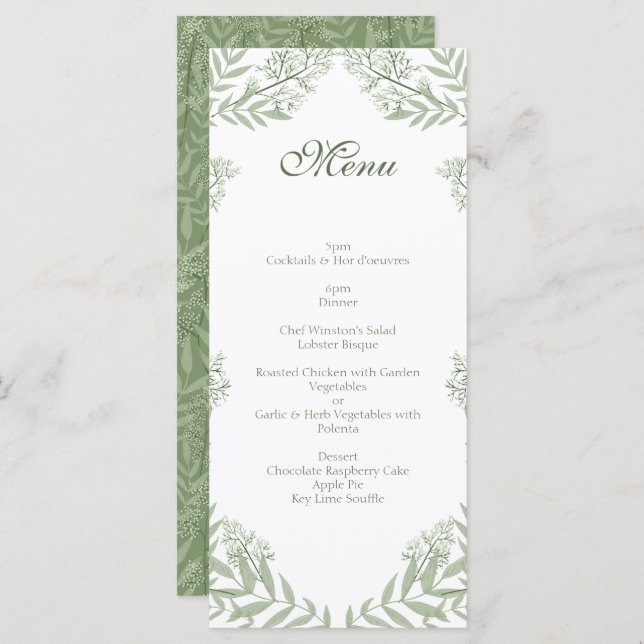 Olive Green Mariage Vintage Botanique Menu (Devant / Derrière)