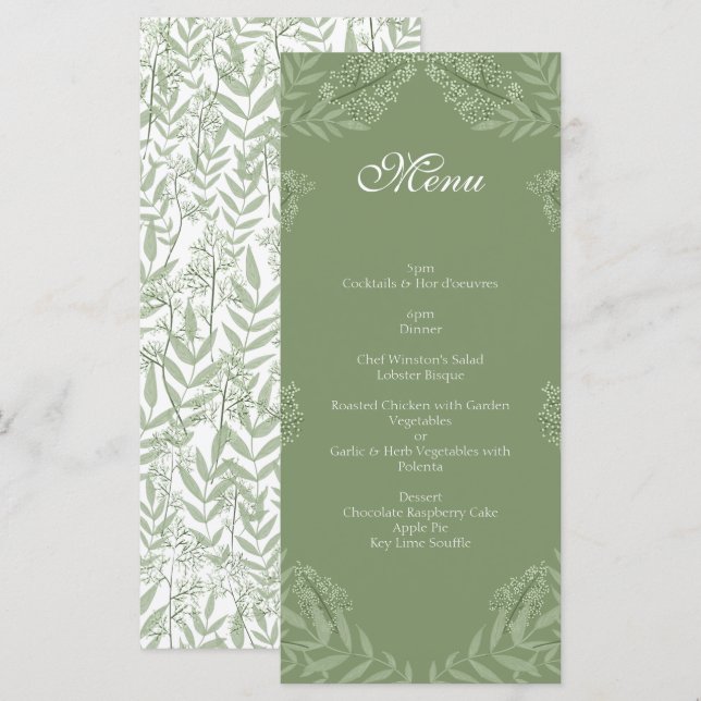 Olive Green Mariage Vintage Botanique Menu (Devant / Derrière)