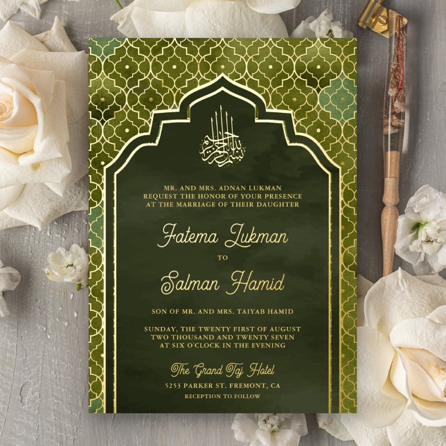 Olive Green Marokcan Muslim Wedding Gold Foil Folieneinladung (Von Creator hochgeladen)