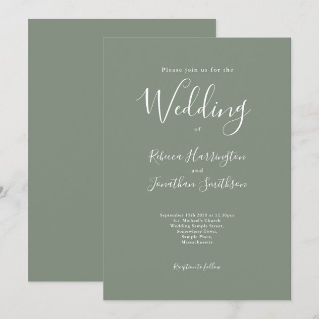 Olive Green Minimal Moderne Hochzeit Einladung (Vorne/Hinten)