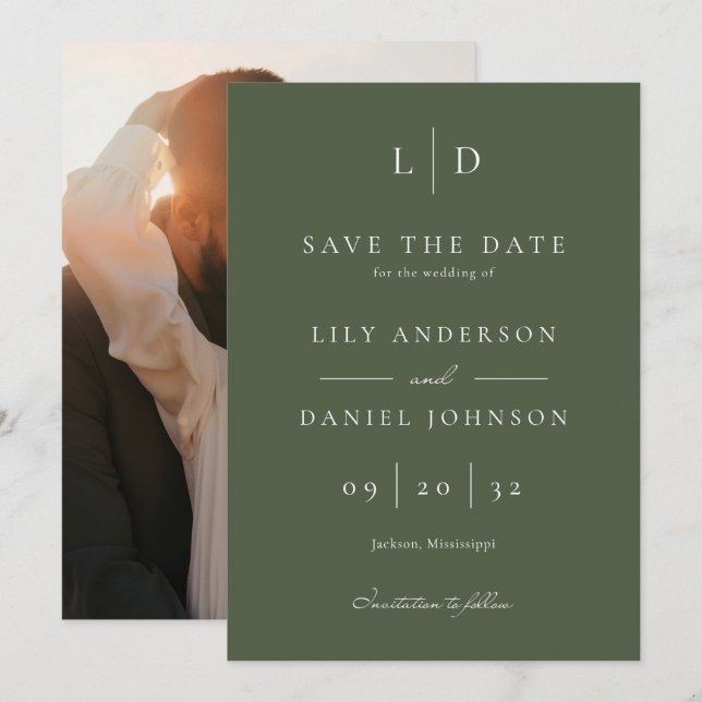 Olive Green Minimalistisch Monogram Foto Wedding Save The Date (Vorne/Hinten)