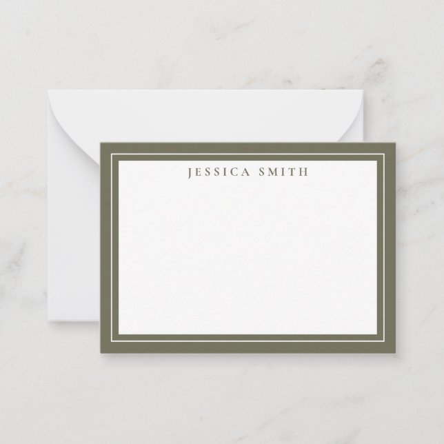Olive Green Minimalistisch Monogram Line Border Mitteilungskarte (Vorderseite)
