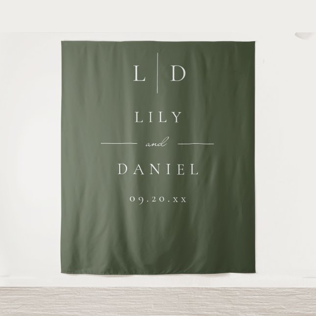 Olive Green Minimalistisch Monogram Wedding Backgr Wandteppich (Vorderseite)