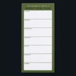 Olive Green Minimalistisch Simple Family Mess Plan Magnetischer Notizblock<br><div class="desc">Schreiben Sie Ihre Abendessen auf diesem Magnettafel, damit Sie die wöchentlichen Mahlzeiten ganz einfach planen und auf Ihren Kühlschrank, Ihre Pantry-Tür oder Ihr Kommandozentrum legen können. Die schlichte, moderne Anordnung in Erdgrün, Schwarz und Weiß mit serifenlosen Schriftart wird jedem visuell organisierten Feinschmecker gefallen. Personalisieren Sie den Namenstext an der Spitze...</div>