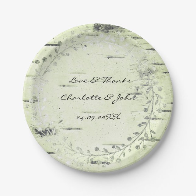 Olive Green Minze Hütte Birch Wreath Garland Pappteller (Vorderseite)