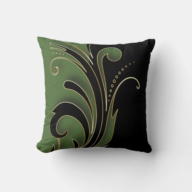 Olive Green mit Schwarz Florid Design Muster Kissen (Vorderseite)