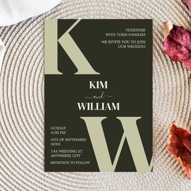 Olive Green Modern Monogram Wedding Einladung (Olive Green Modern Monogram Wedding Invitation)