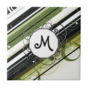 Olive Green Modern Retro Streifen mit Monogramm Fliese
