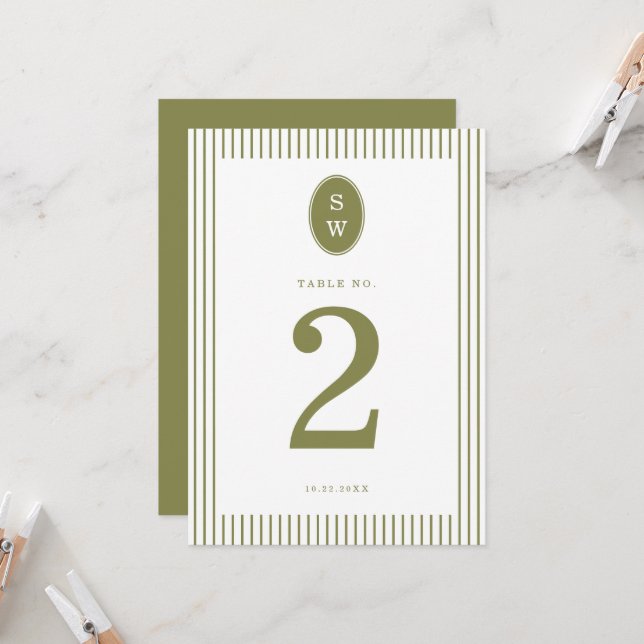 Olive Green Modern Wedding Table Number Einladung (Vorderseite/Rückseite Beispiel)