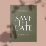 Olive green moderne minimalistische QR-Code Hochze Save The Date<br><div class="desc">Sommerwald moderne Typografie minimalistische Hochzeit Speichern Sie das Datum mit Foto   QR-Code auf der Rückseite in den Schattierungen von dunkelolivgrün und Salbei Grün Farben. Bitte kontaktieren Sie mich,  wenn Sie weitere Informationen benötigen.</div>