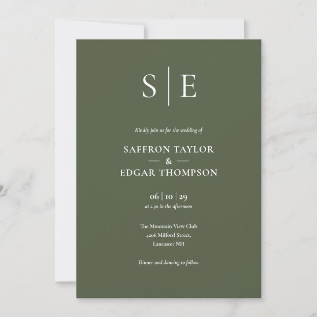 Olive Green Monogram Foto Wedding Einladung (Vorderseite)
