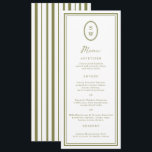 Olive Green Monogram Long Wedding Menu Card Einladung<br><div class="desc">Trending olive green monogram wedding menu for a modern elegant wedding reception. This refined long menu design reflects quiet luxury and modern botanical aesthetics, perfect for the sophisticated contemporary bride planning a vineyard, garden, or coastal celebration. Style with olive linens, gold flatware, and minimalist place settings for a chic editorial...</div>