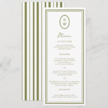 Olive Green Monogram Long Wedding Menu Card