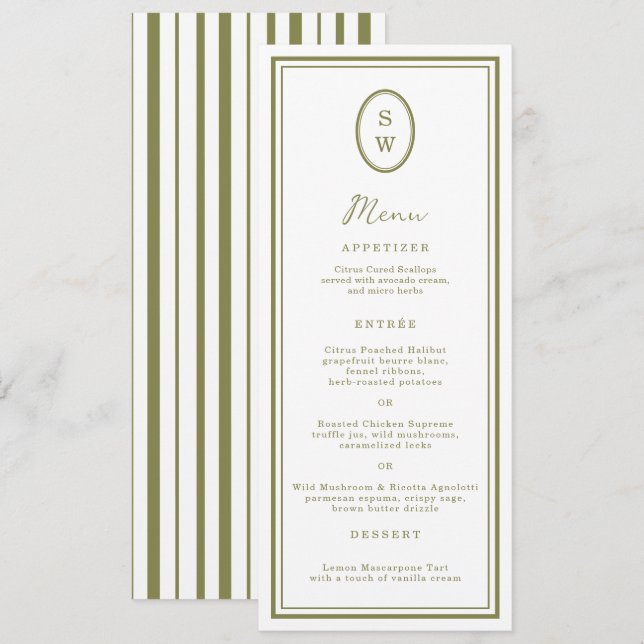 Olive Green Monogram Long Wedding Menu Card Einladung (Vorne/Hinten)