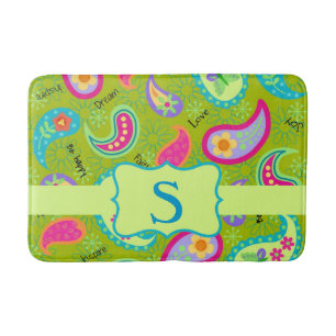 Olive Green Monogram Modern Paisley Pattern Badematte